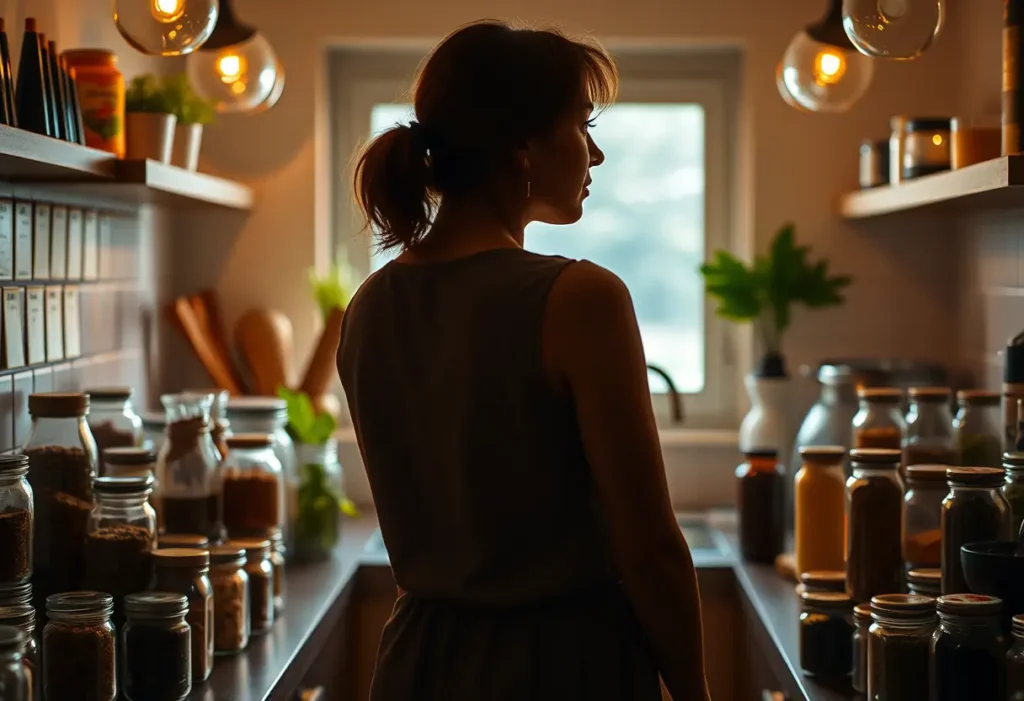Silhouette d'une femme dans une cuisine entourée d'épices et d'herbes dans des bocaux en verre