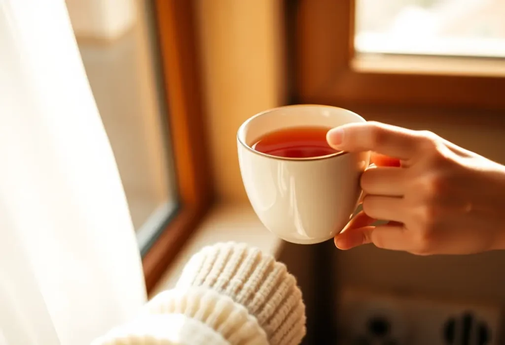 Une main tenant une tasse de thé chaud, apportant réconfort et bien-être