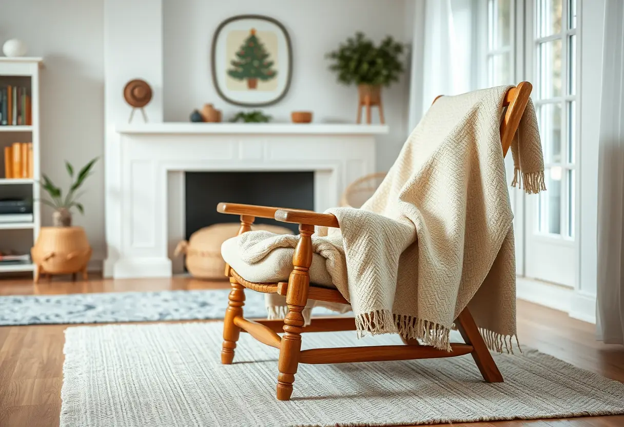 Un fauteuil recouvert d'une couverture moelleuse dans un salon accueillant