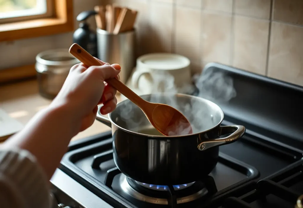 Une main féminine tient délicatement une cuillère en bois au-dessus d'une casserole bouillante, illustrant la vie quotidienne avec l'endométriose digestive.