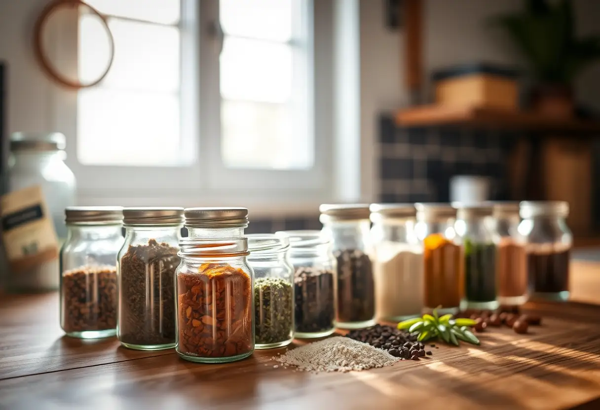 Des épices et herbes dans des bocaux de verre sur un plan de travail en bois, symbolisant les conseils pratiques pour une meilleure qualité de vie avec l'endométriose digestive.