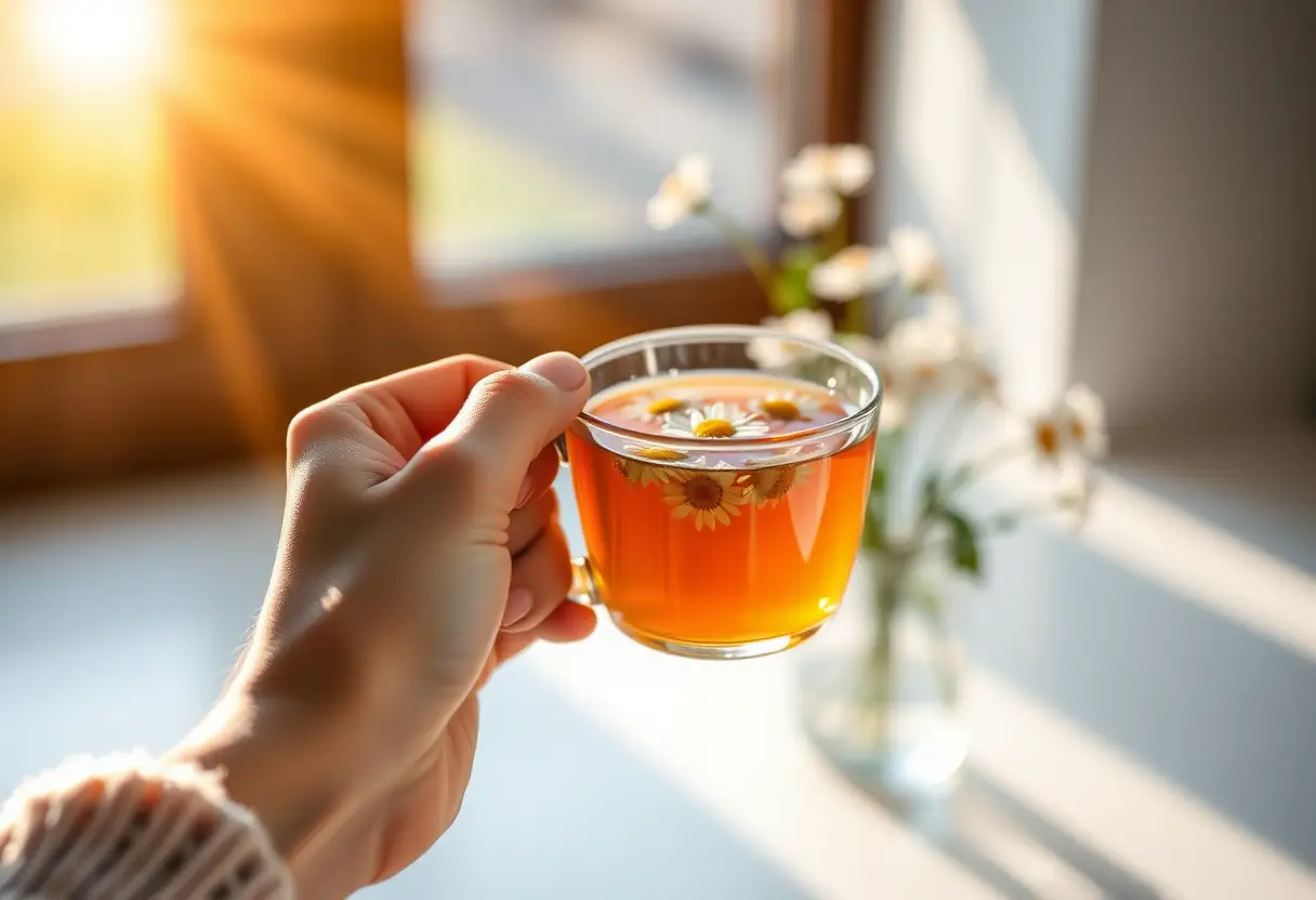 Une main tenant une tasse de thé aux fleurs de camomille, éclairée par la lumière chaude du soleil