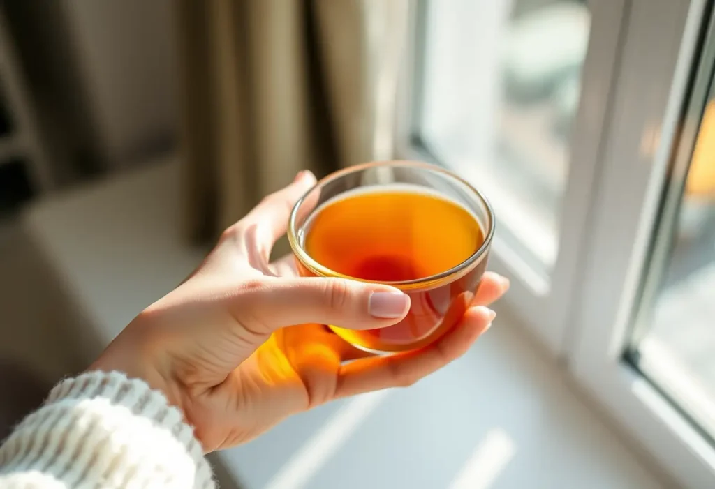 Une main féminine tenant une tasse de thé chaud dans un rayon de soleil