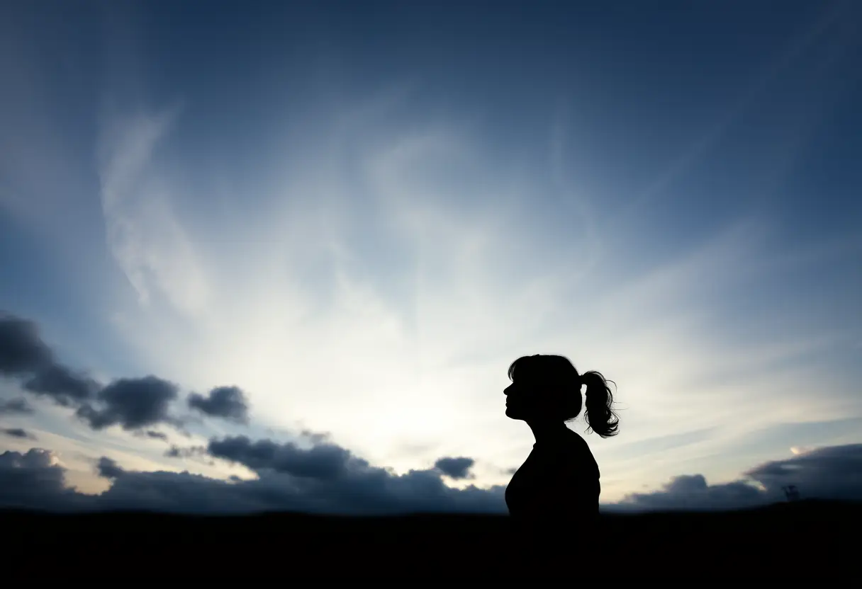 Un profil féminin contre un ciel couvert, symbolisant la persévérance face à la douleur