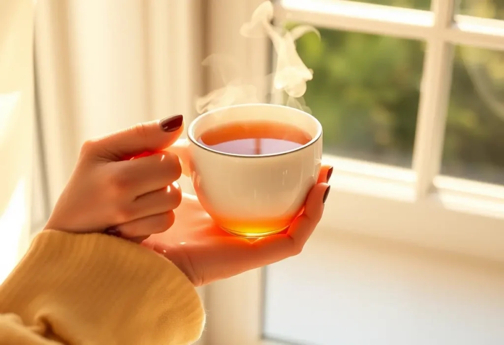 Une main féminine tient une tasse de thé chaud aux herbes, éclairée par la lumière du soleil qui filtre à travers une fenêtre.