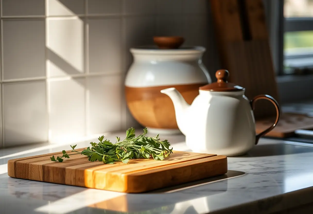 Un plan de travail de cuisine avec une bouilloire en céramique et un planche à découper en bois, éclairés par la lumière du matin qui souligne les herbes fraîches.