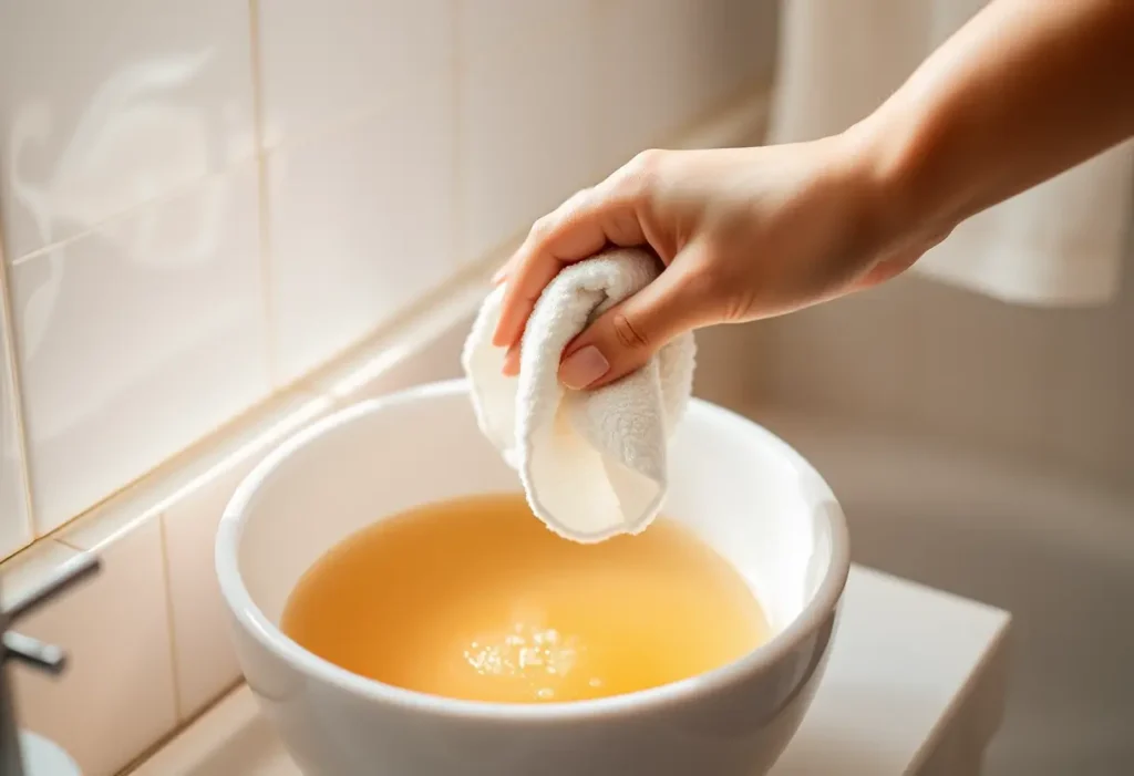 Une main tenant un gant de toilette en coton, dans une salle de bain éclairée naturellement