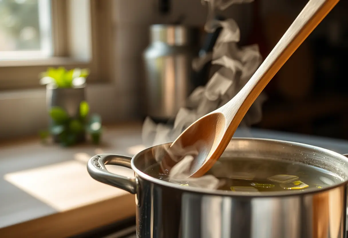 Une cuillère en bois mélangeant une théière de tisane chaude sur un comptoir cuisine, éclairée par la lumière du jour