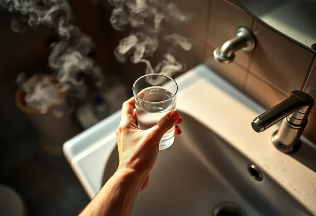 Une main tenant un verre d'eau près d'un lavabo en céramique dans une salle de bains, la vapeur s'élevant de l'eau chaude qui circule dans les tuyaux, créant une atmosphère chaude et apaisante