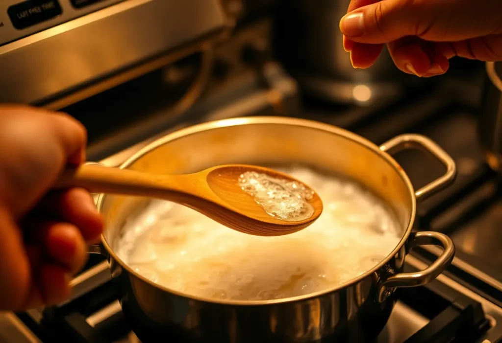 Une main tenant une cuillère en bois au-dessus d'une casserole sur un fourneau, illustrant la bienveillance envers soi-même.