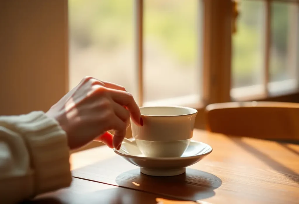 Une main féminine pose délicatement une tasse en porcelaine sur une table en bois, évoquant l'estime de soi