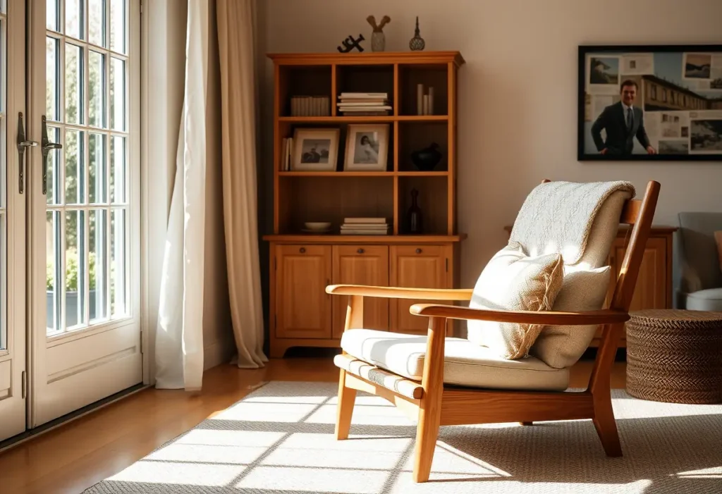 Un fauteuil en bois dans une pièce accueillante