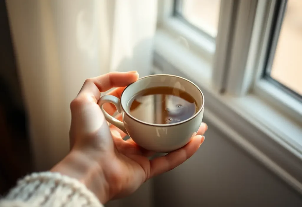 Une main féminine tenant une tasse de thé chaud, symbole de bien-être et de sérénité.