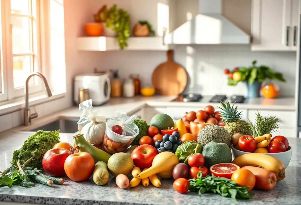 Un plan de travail de cuisine garni de fruits et légumes variés, illustrant des choix alimentaires sains pour soutenir la récupération après l'accouchement.