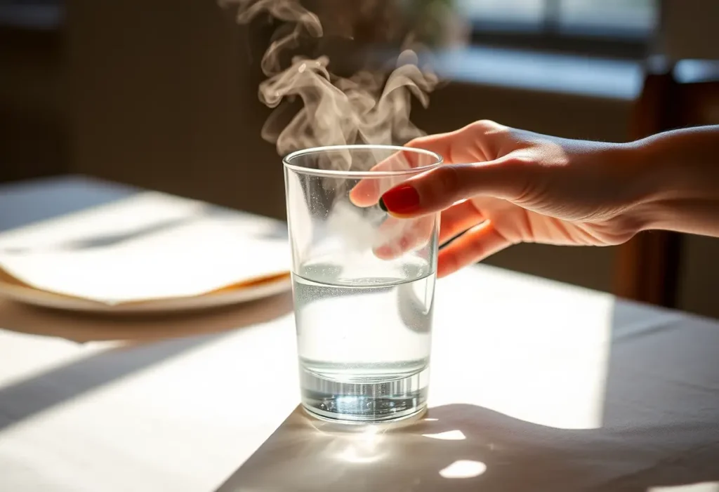 Un verre d'eau fumant sur une table, symbole de réhydratation et de bien-être pour une femme