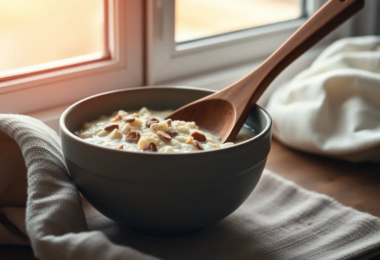 Cuillère en bois près d'une assiette de flocons d'avoine réconfortants, évoquant le bien-être après l'accouchement