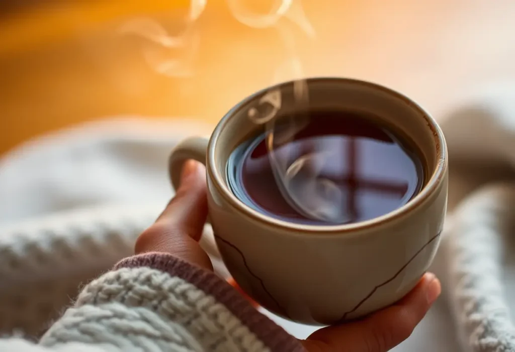 Une main tenant une tasse de thé herbeux fumant, éclairée par une lumière douce et chaleureuse