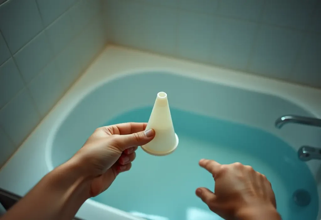 Des mains tenant un cône d'exercice dans une salle de bains éclairée naturellement.