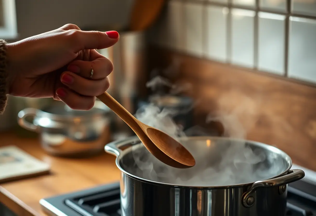 Une main féminine tenant une cuillère en bois au-dessus d'une casserole qui mijote, mettant en valeur le bien-être au quotidien