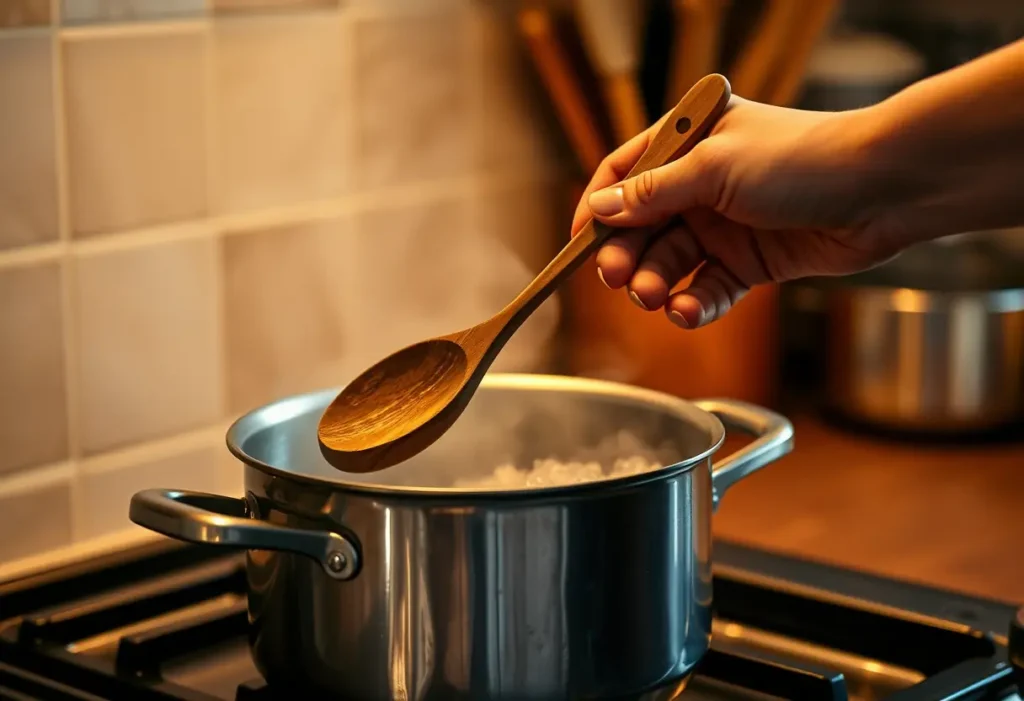 Main dans une cuillère en bois au-dessus d'une casserole chaude, cuisine chaleureuse, bien-être féminin