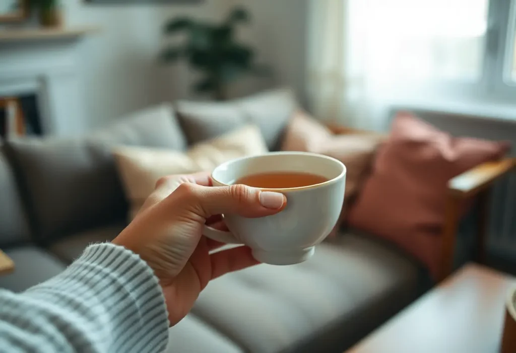 Une main tenant une tasse en porcelaine dans une pièce accueillante, symbolisant le chemin vers l'acceptation de soi.