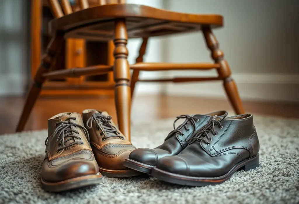 Une paire de chaussures en cuir usées repose près d'un fauteuil en bois dans un salon, symbolisant le confort et la routine quotidienne