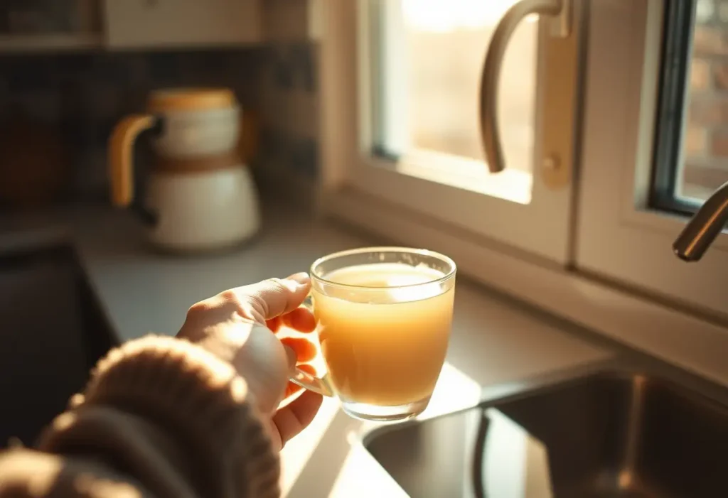 Une main tient une tasse de eau chaude, apportant chaleur et confort