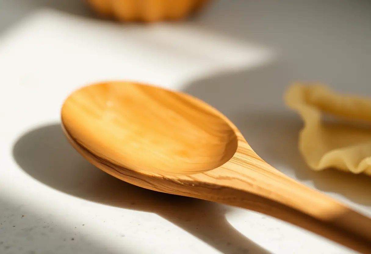 Une cuillère en bois sur un comptoir de cuisine, éclairée par la lumière du matin