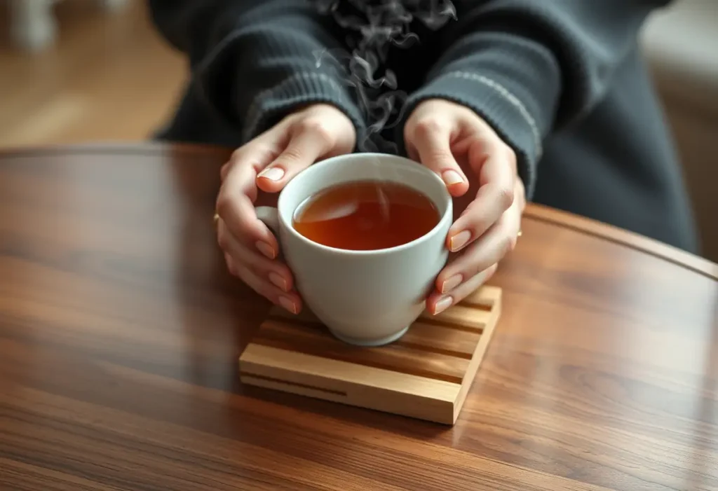 Des mains tenant une tasse de thé aromatique, posée sur un petit coussinet en bois rectangulaire