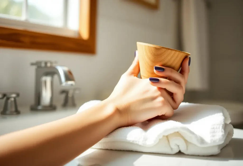 Main de femme tenant un cône en bois sur une serviette blanche, éclairage naturel