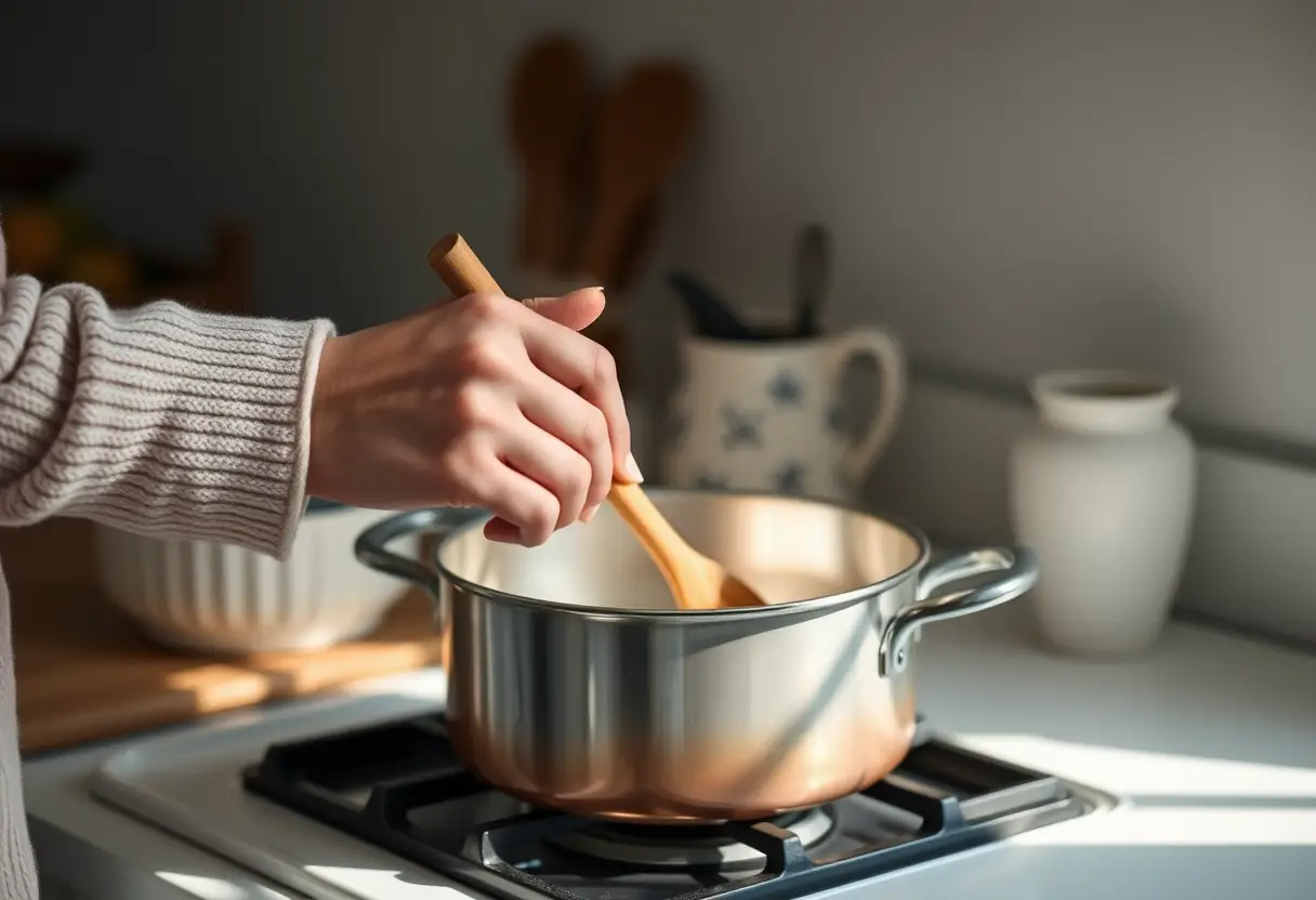 Une main féminine tient une cuillère en bois en remuant une marmite sur une cuisinière, lumière douce du matin, soins et auto-nourriture