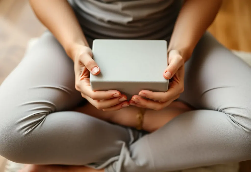 Des mains tenant délicatement un bloc de yoga assises sur un coussin, symbolisant l'équilibre et la pleine conscience.