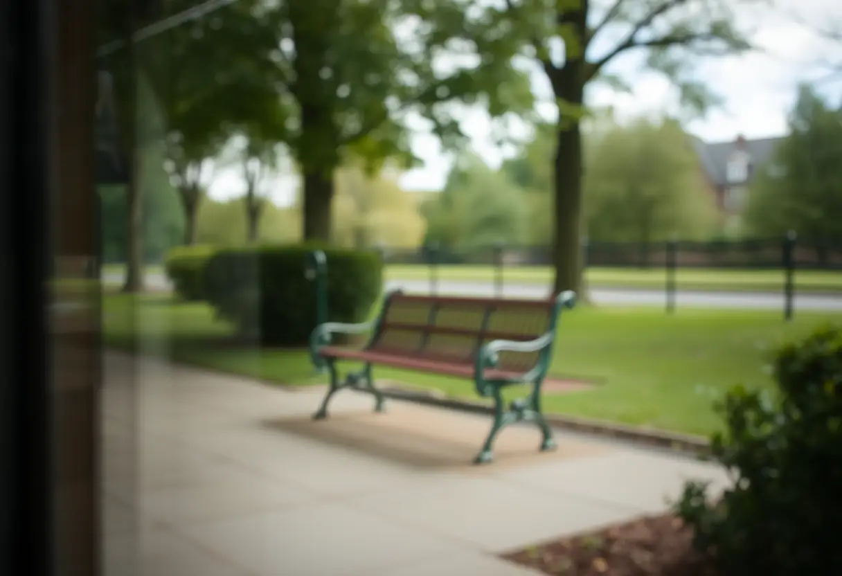 _vue_d_un_banc_de_parc_à_travers_une_vitre, _évoquant_le_repos_et_la_réflexion.