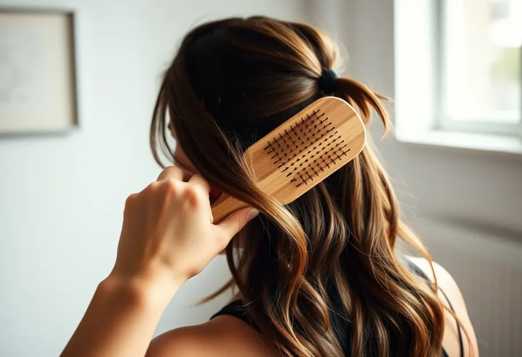 Une main féminine tient une brosse à cheveux en bois après un entraînement, en lien avec l'acceptation de soi.