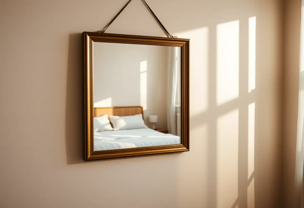 Un miroir encadré accroché au mur d'une chambre accueillante reflétant un lit fait