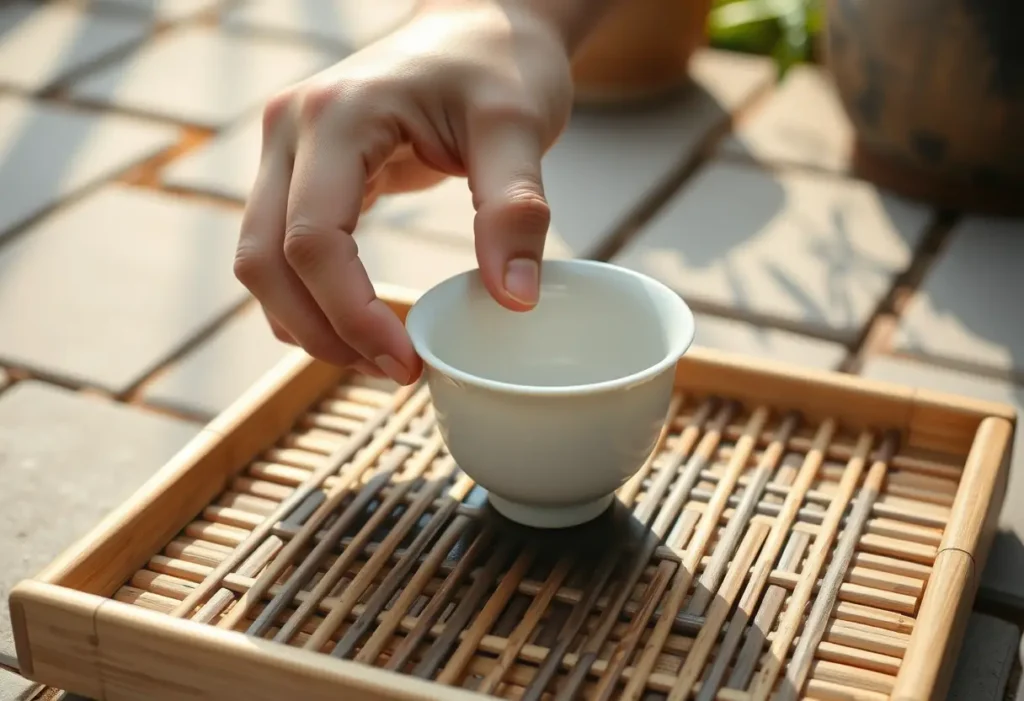 Une main posant une tasse de céramique dans un plateau en bambou sur un patio en pierre, la lumière du matin soulignant les motifs délicats de la tasse