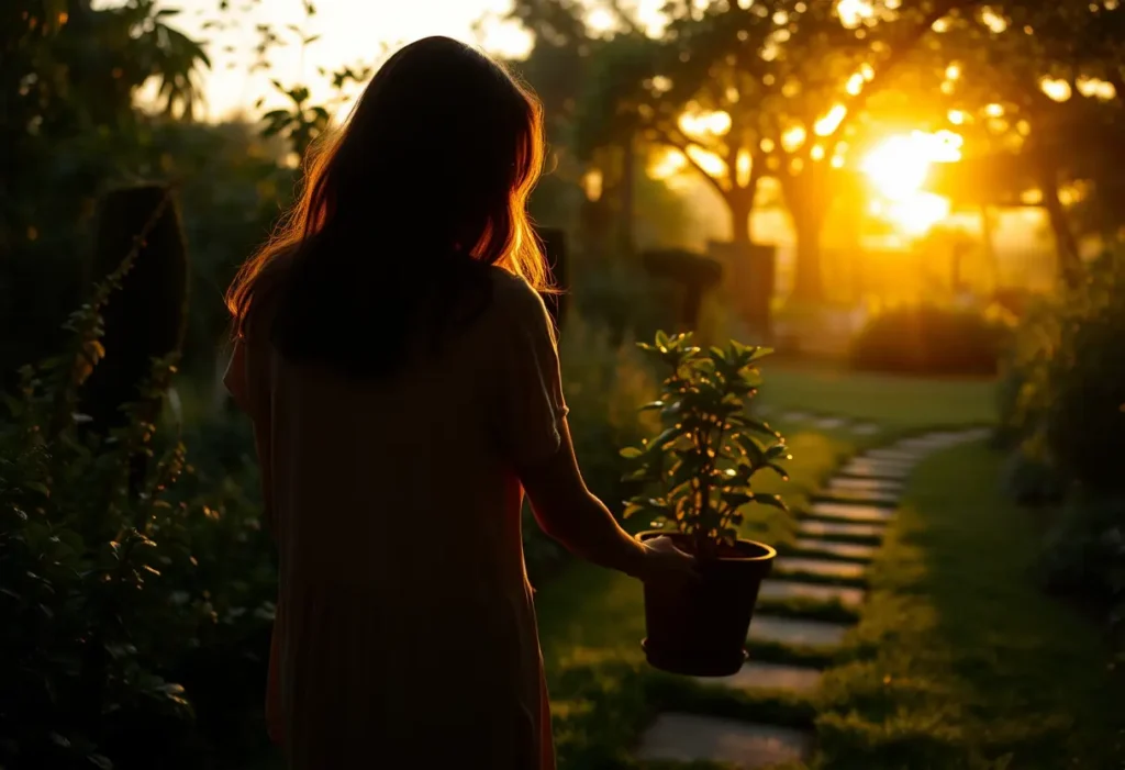 Un silhouette féminine cultive une plante en pot dans un jardin au crépuscule.