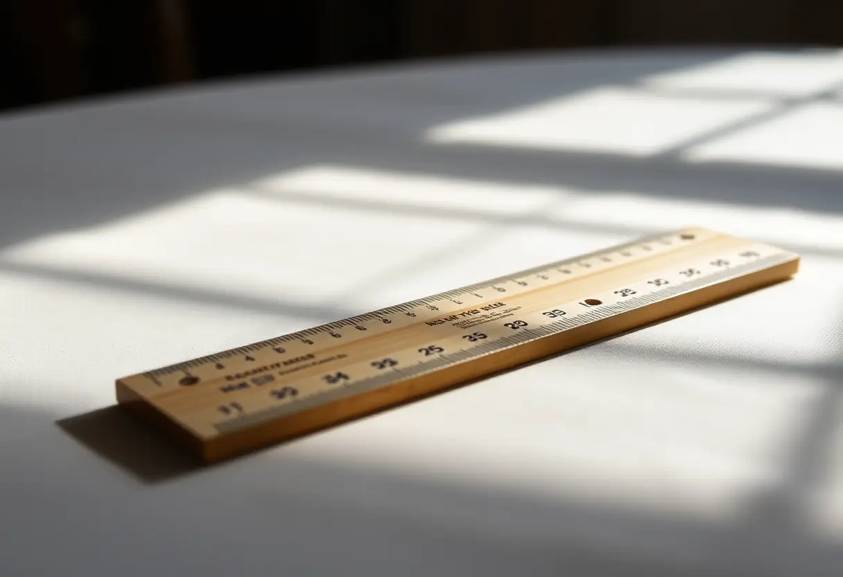 Un règle en bois repose sur une table, éclairée naturellement avec une ombre douce.