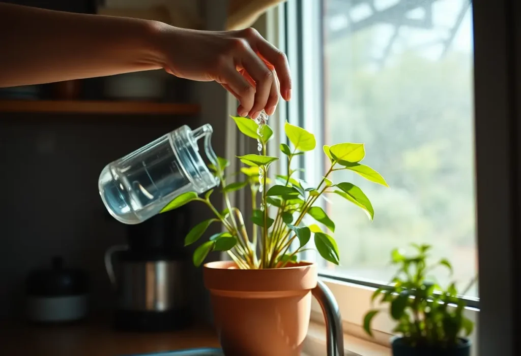 Une main arrose une plante en pot dans une cuisine ensoleillée, illustrant l'acte de prendre soin