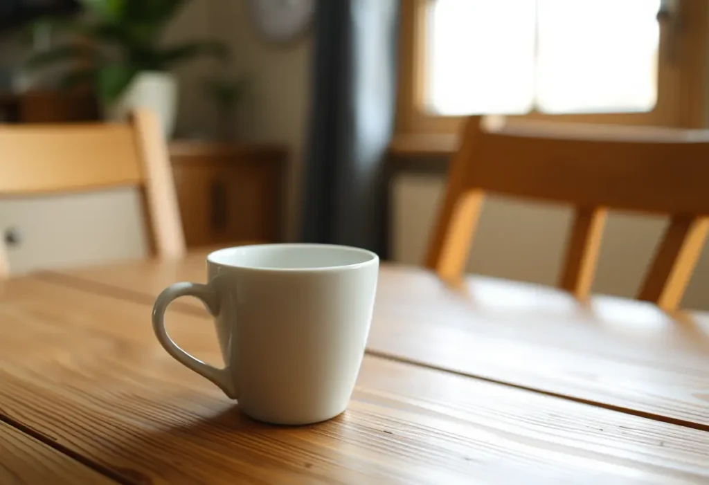 Vue rapprochée d'une tasse en porcelaine posée sur une table de cuisine, symbole de réhydratation après une séance d'exercices de Kegel.