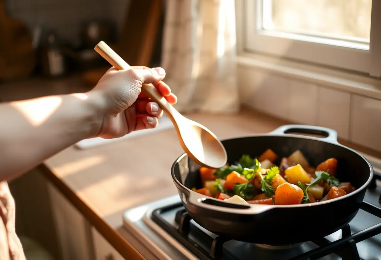 Main: Une main féminine tenant une cuillère en bois au-dessus d'une poêle en fonte remplie de légumes, éclairée par la lumière du soir qui entre par la fenêtre.
