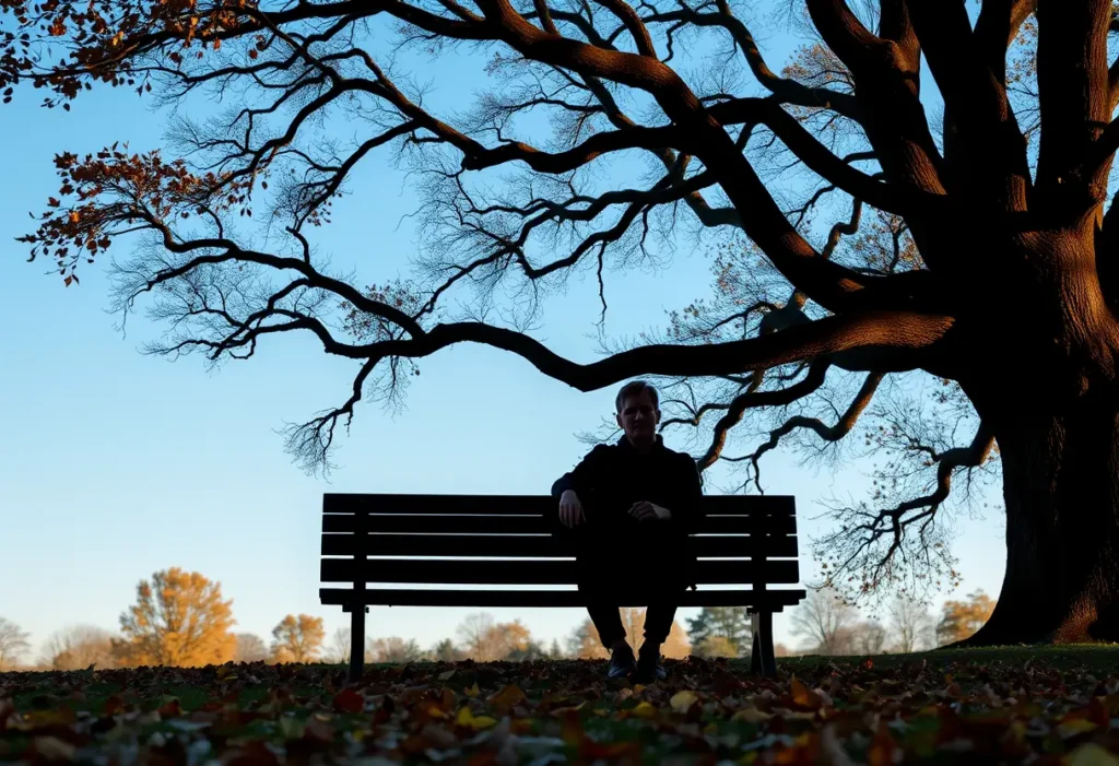 Un silhouetté assis sur un banc dans un parc avec des feuilles d'automne autour de lui