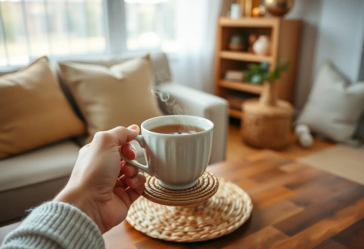 Une main tenant une tasse de céramique remplie de thé sur un plateau tissé dans un salon accueillant