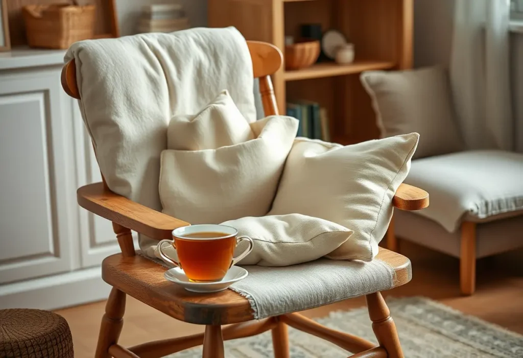 Un fauteuil en bois rembourré dans un salon, avec une tasse de thé à côté, représentant le repos et la récupération