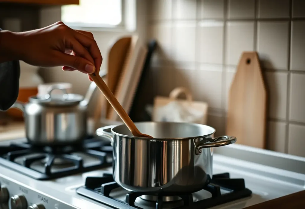 Une main féminine tient une cuillère en bois dans une cuisine accueillante, évoquant le bien-être et la sérénité.