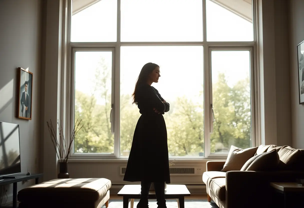 Une silhouette féminine près d’une fenêtre inondée de lumière naturelle, symbolisant l’harmonie entre l’être humain et son environnement.