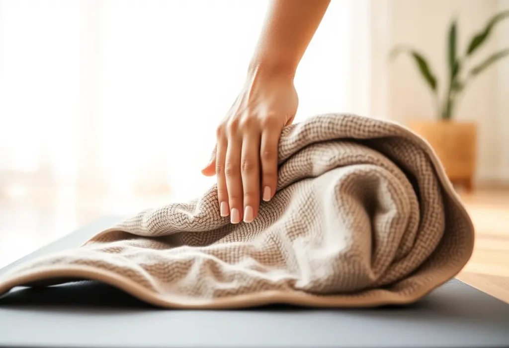 Une main posant délicatement un gant de toilette dans une pièce lumineuse, symbolisant le bien-être personnel.