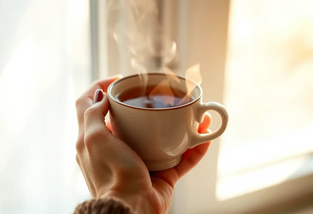 Une main féminine tient une tasse de thé chaud, apportant chaleur et bien-être.