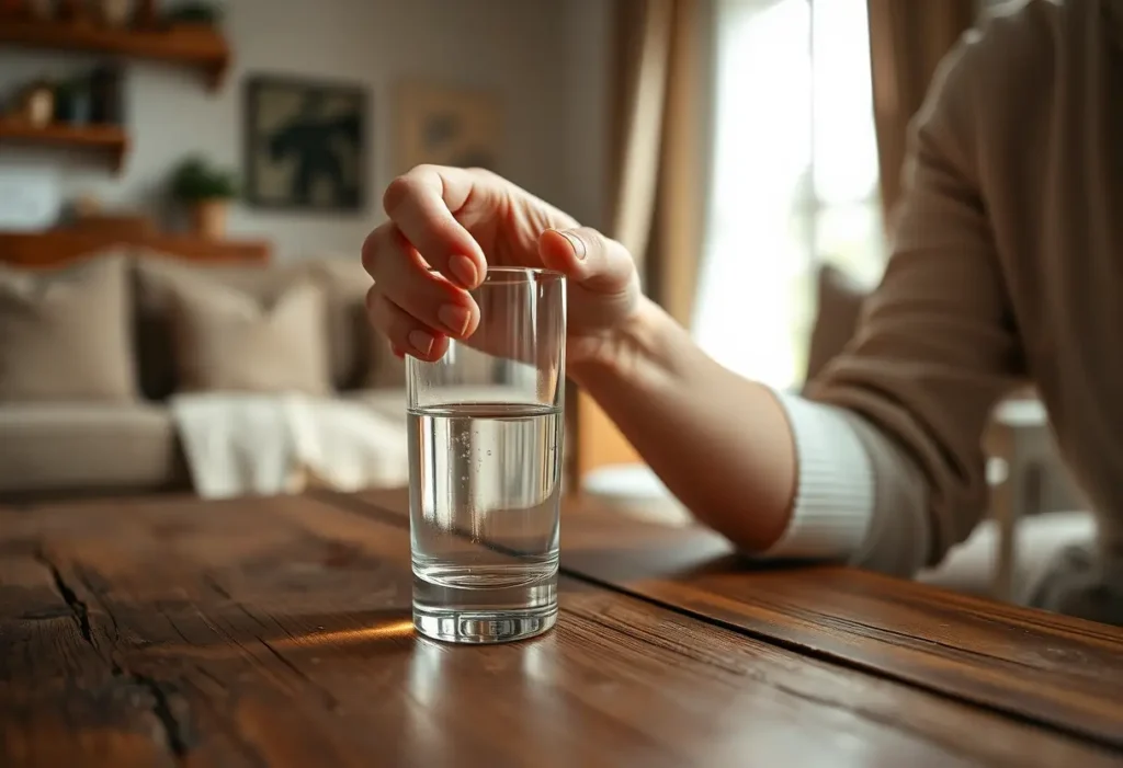 Un verre en cristal sur une table en bois dans un salon chaleureux, levé par la main d'une femme.