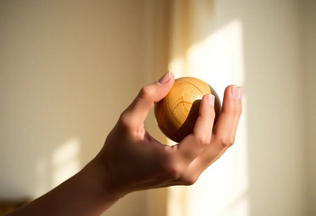 Une main féminine tenant une balle en bois ronde dans une pièce lumineuse, concentrée sur sa prise.